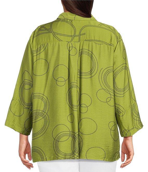Ali Miles Plus Size Woven Geometric Print Point Collar 3/4 Sleeve Button-Front Tunic Product Image