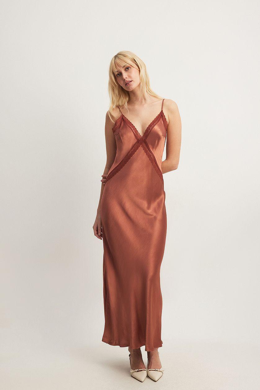 Lace Detail Satin Dress Red Product Image