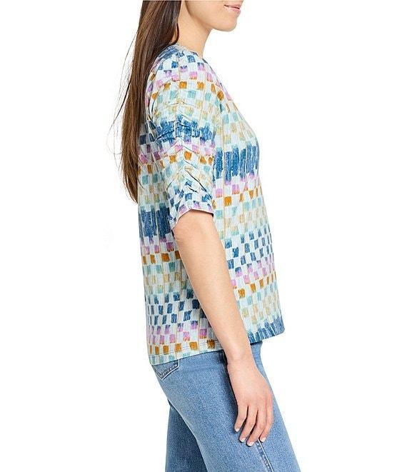 NIC + ZOE Painted Blocks Split V-Neck Ruched Elbow Sleeve Top Product Image