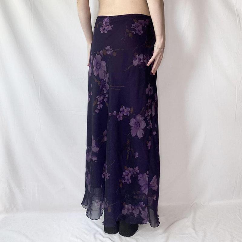 Low Waist Floral Print Lettuce Edge Mesh Maxi A-Line Skirt Product Image