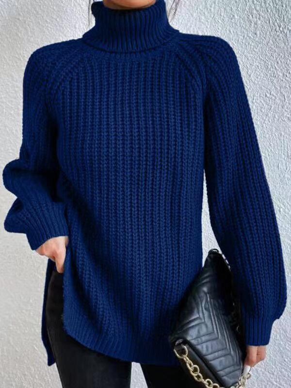 Long Sleeves Loose Solid Color Split-Side High Neck Pullovers Sweater Tops Product Image