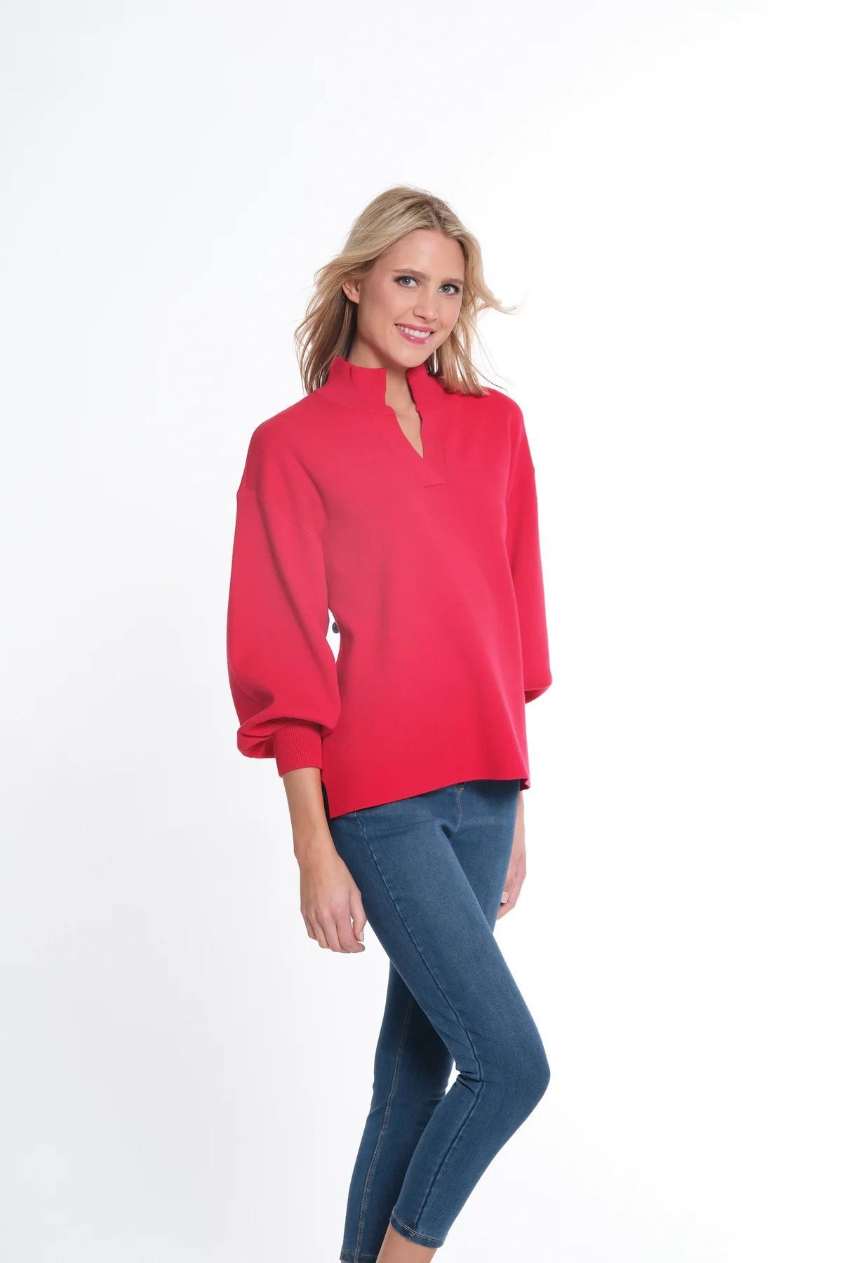 Cuffed 3/4 Sleeve Drop Shoulder Mock Neck Sweater Top Product Image