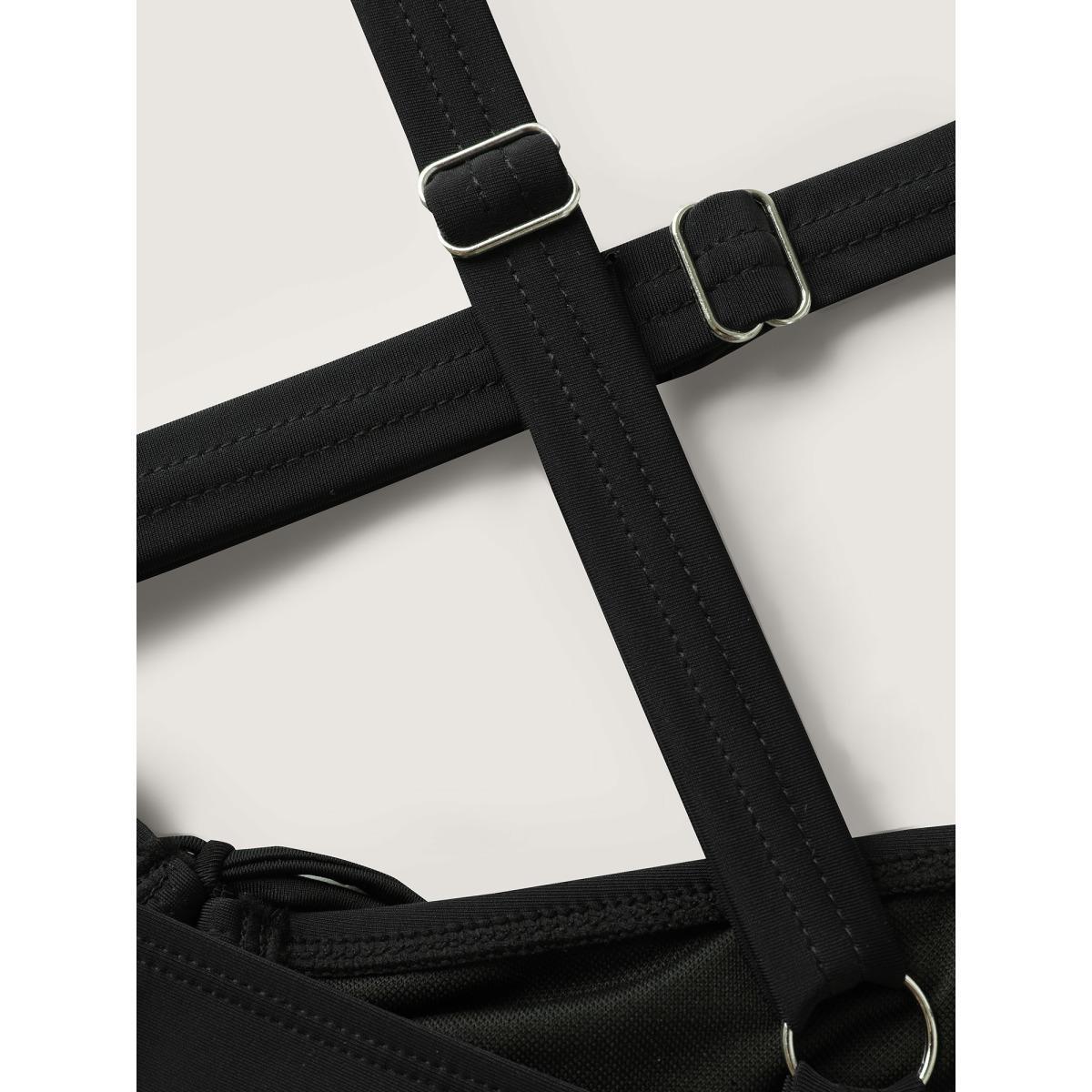 Plus Size Tropical Print Drawstring Pockets Swim Romper Women's Swimwear Black Beach Drawstring Curve Bathing Suits High stretch One Pieces BloomChic 18-20/2X Product Image