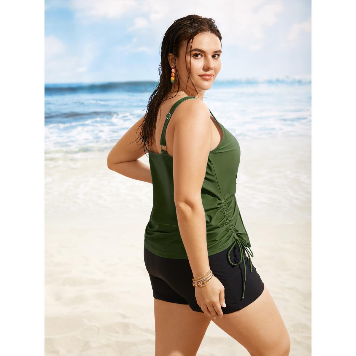 Plus Size Island Print Drawstring Adjustable Swim Top Women's Swimwear Midnight Resort Contrast High stretch Loose U-neck Curve Swim Tops BloomChic 30/6X Product Image