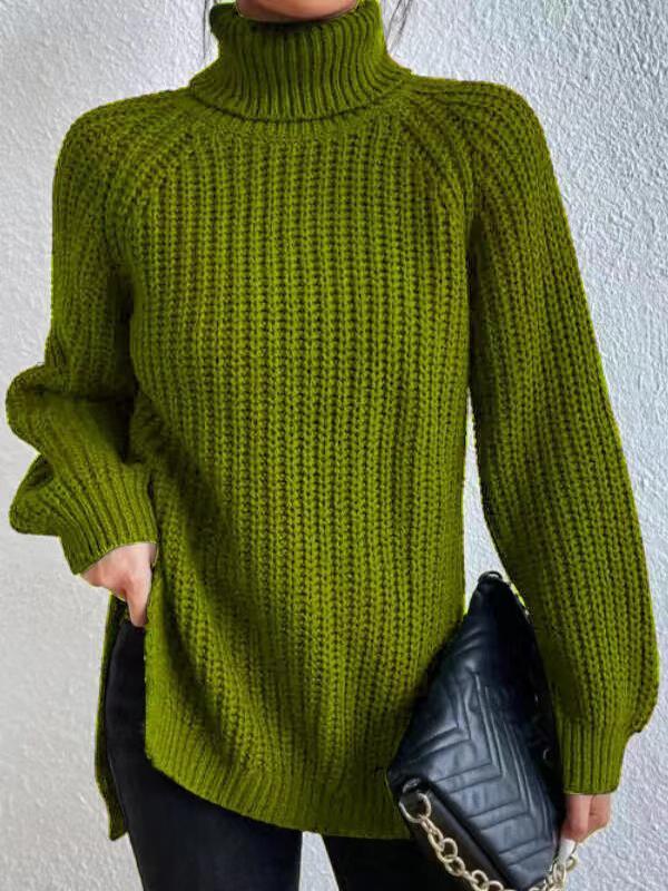Long Sleeves Loose Solid Color Split-Side High Neck Pullovers Sweater Tops Product Image