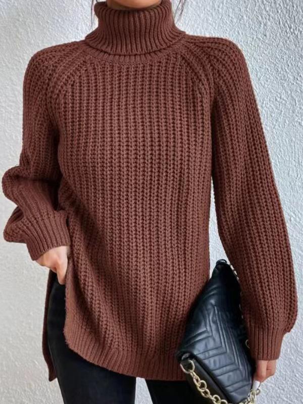 Long Sleeves Loose Solid Color Split-Side High Neck Pullovers Sweater Tops Product Image