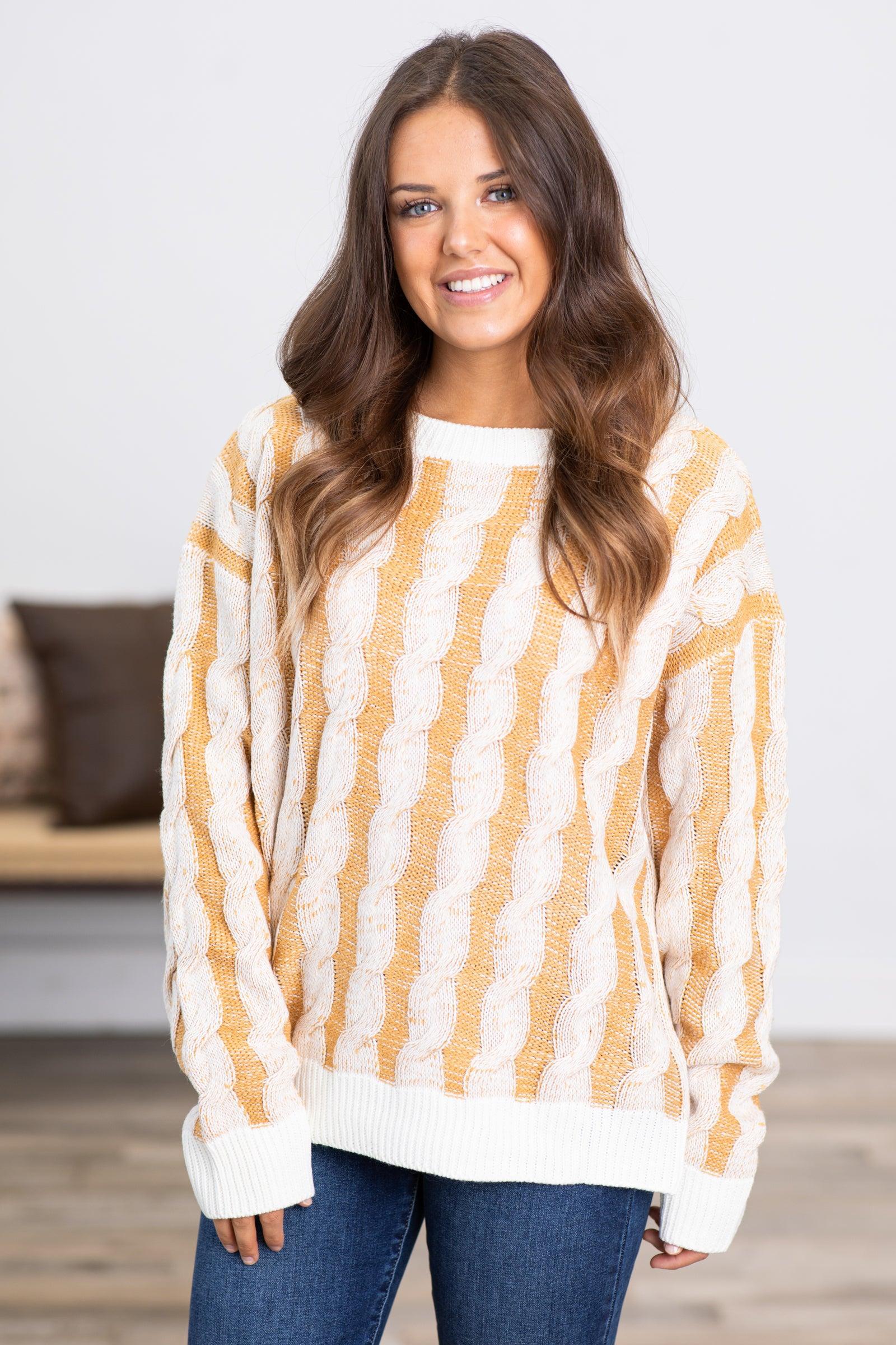 Mustard and Ivory Cable Knit Sweater Product Image