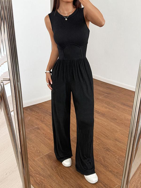High Waisted Loose Solid Color Round-Neck Jumpsuits Product Image