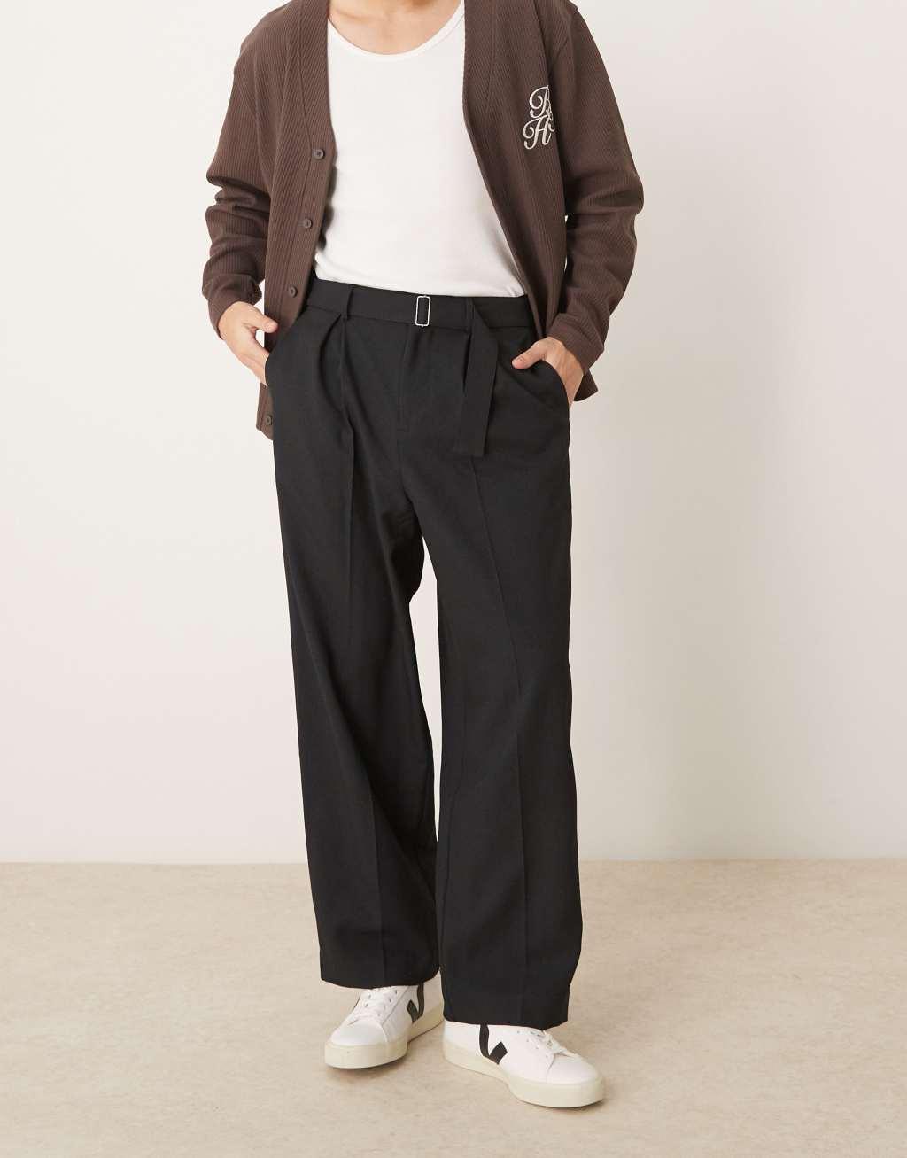 ASOS DESIGN smart wide leg belted pants with front pleats in black Product Image