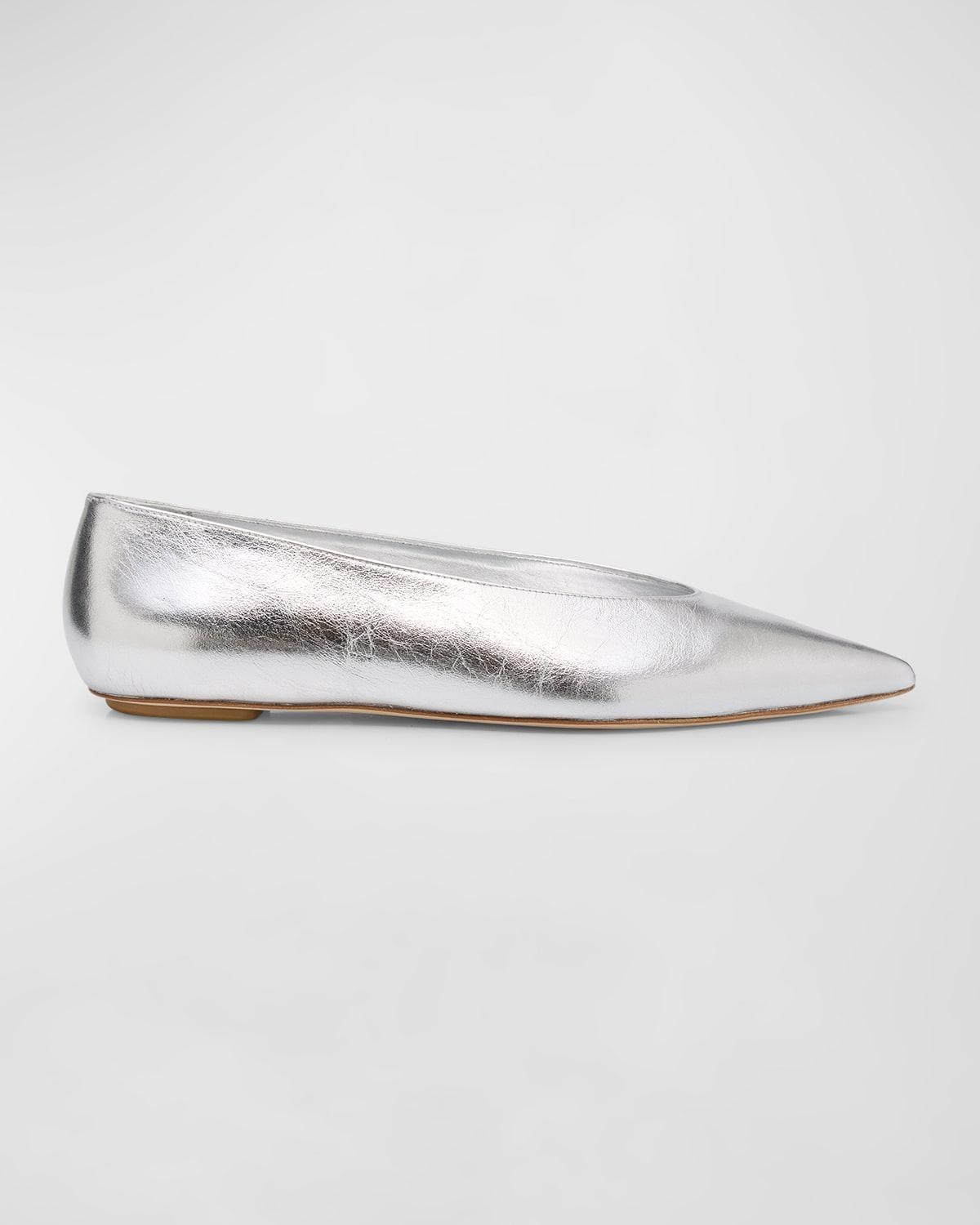 STUART WEITZMAN Lina Metallic Point-toe Ballerina Flats In Silver Product Image