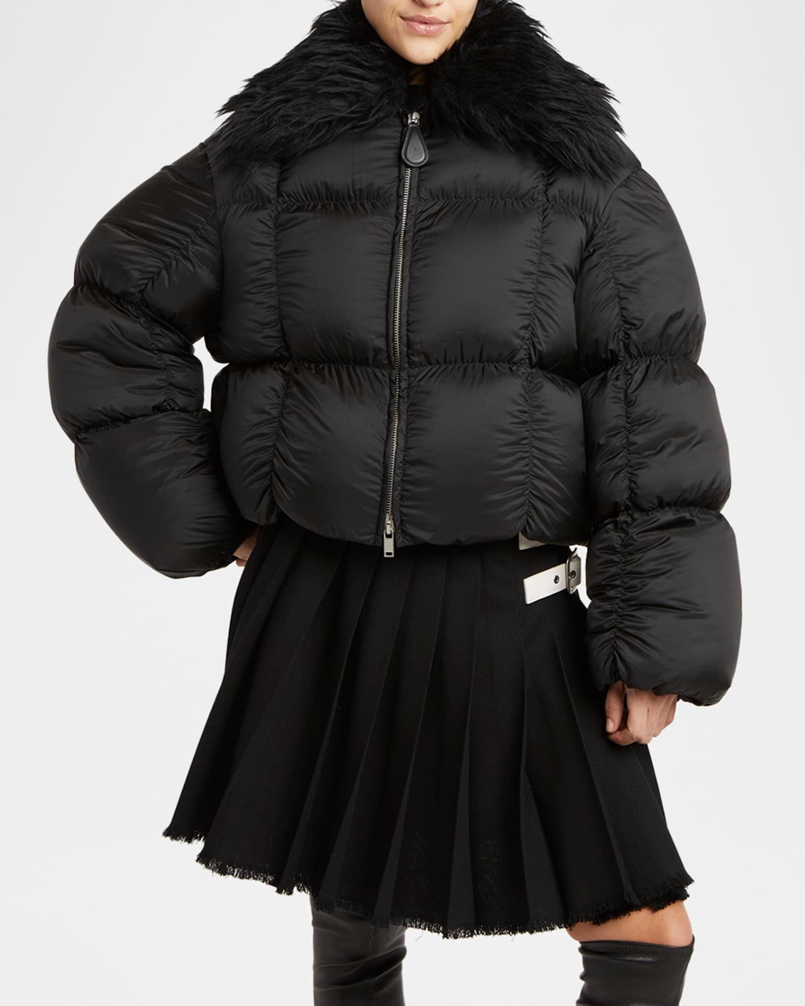 Gathered Quilted Jacket With Detachable Faux-Fur Collar Product Image