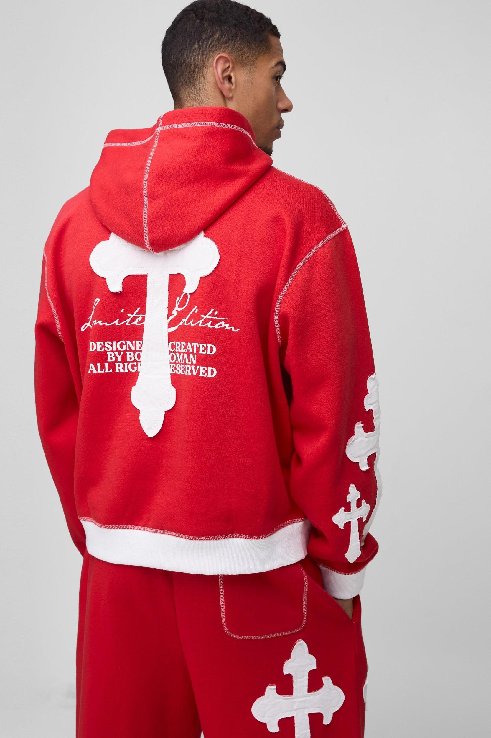 Oversized Boxy Limited Edition Cross Applique Hooded Tracksuit | boohooMAN USA Product Image