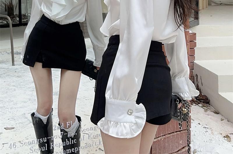 Long-Sleeve Collared Plain Bow Accent Ruffle Trim Satin Blouse Product Image