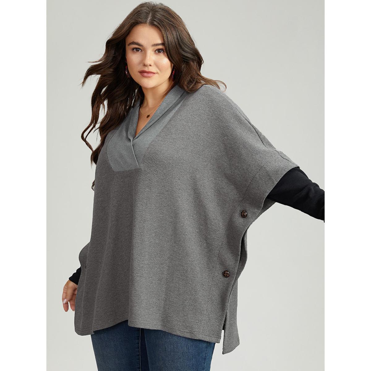 Plus Size Waffle Knit Batwing Sleeve Lapel Collar Sweatshirt Women Gray Casual Patchwork Lapel Collar Dailywear Sweatshirts BloomChic 28/5X Product Image