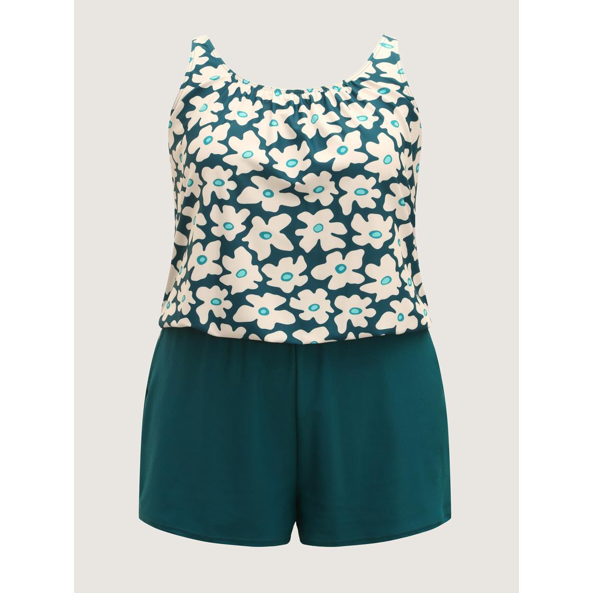 Plus Size Floral Print Contrast One-Piece Swimsuit Women's Swimwear Aegean Resort Contrast Curve Bathing Suits High stretch One Pieces BloomChic 18-20/2X Product Image