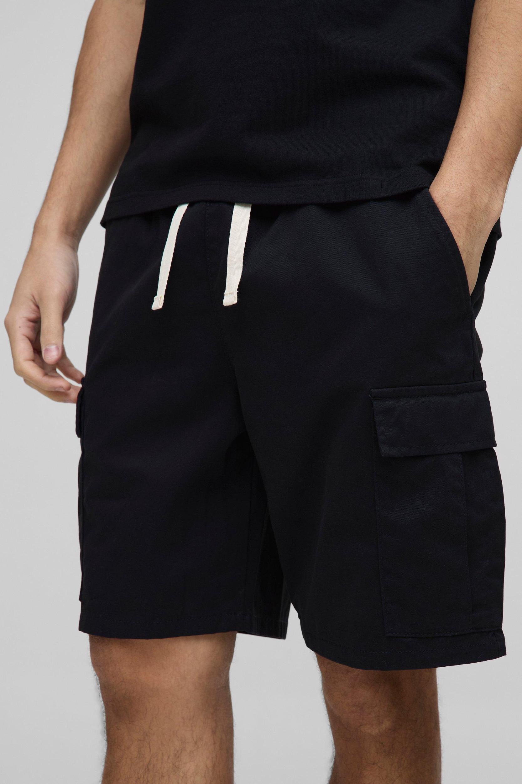 Elasticated Waist Black Slim Fit Cargo Shorts | boohooMAN USA Product Image