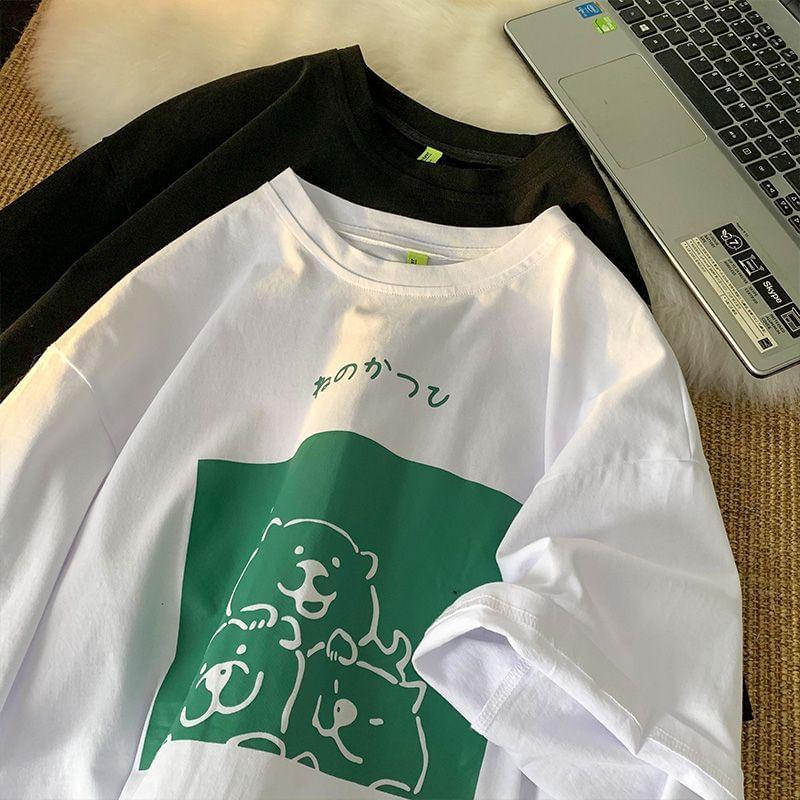 Short-Sleeve Crew Neck Cartoon Print T-Shirt Product Image