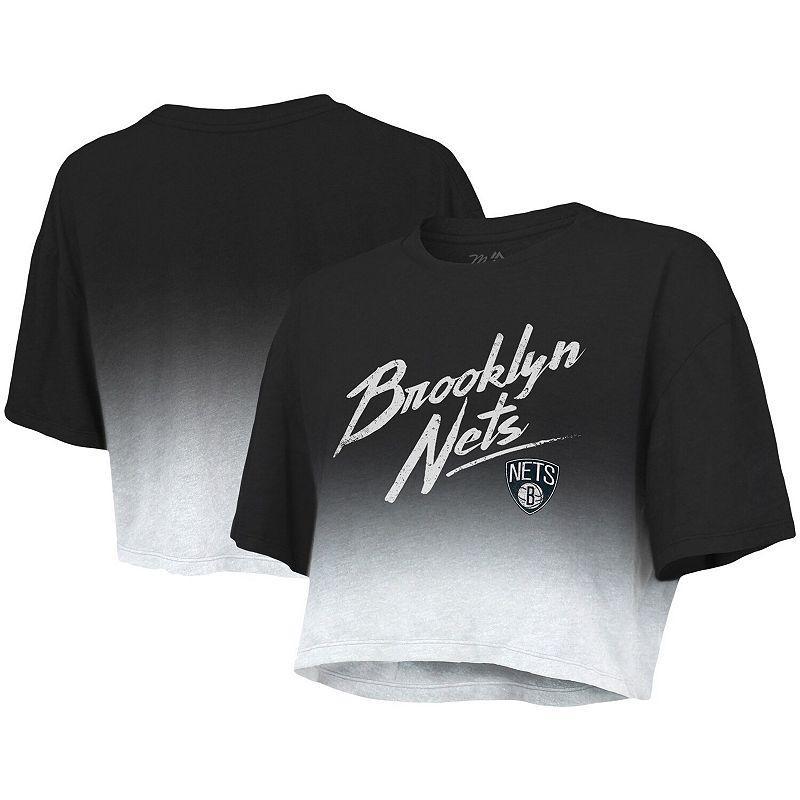 Women's Majestic Threads Black/White Brooklyn Nets Dirty Dribble Tri-Blend Cropped T-Shirt, Size: Large Product Image