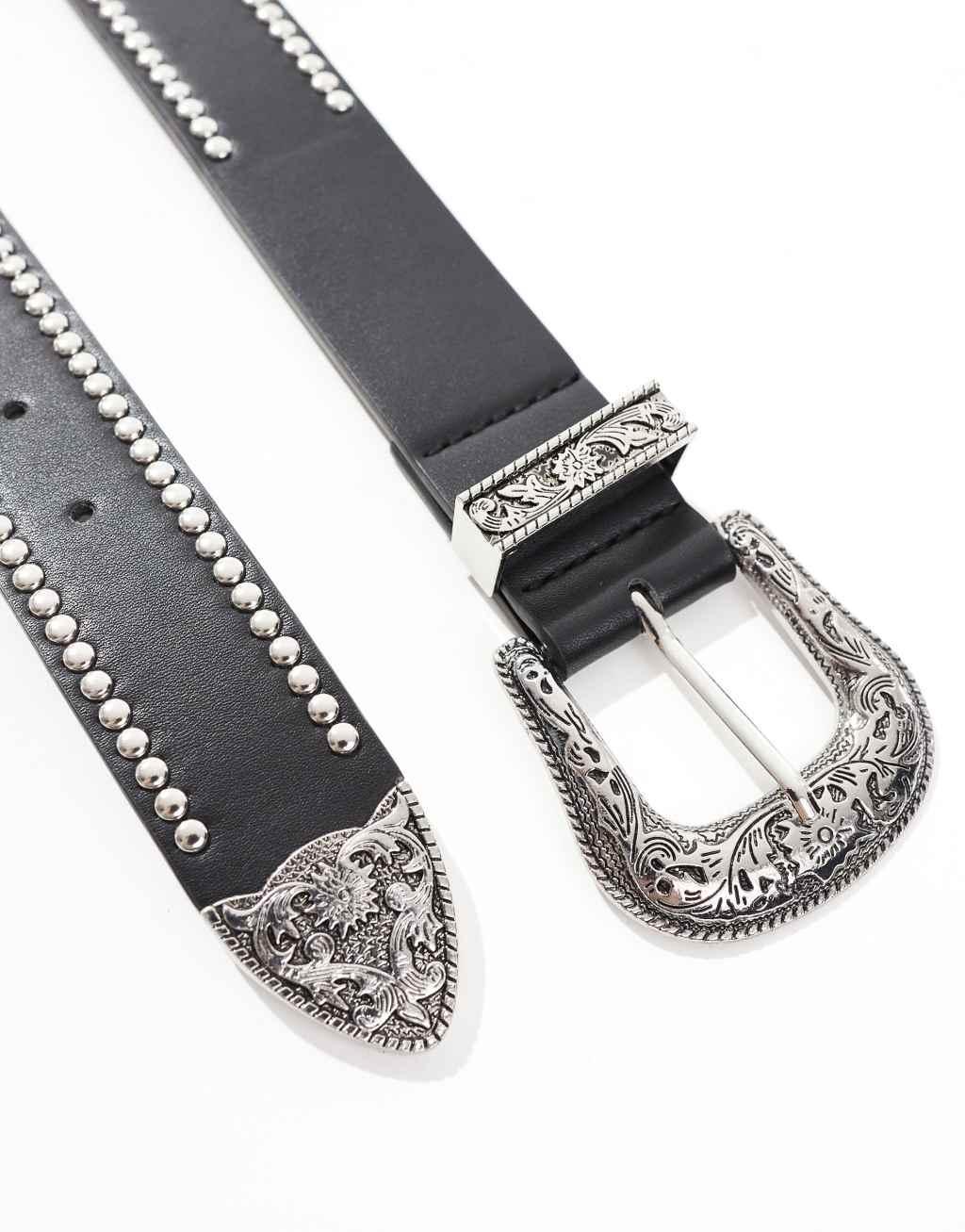 ASOS DESIGN faux leather belt with western buckle and stud detail in black Product Image