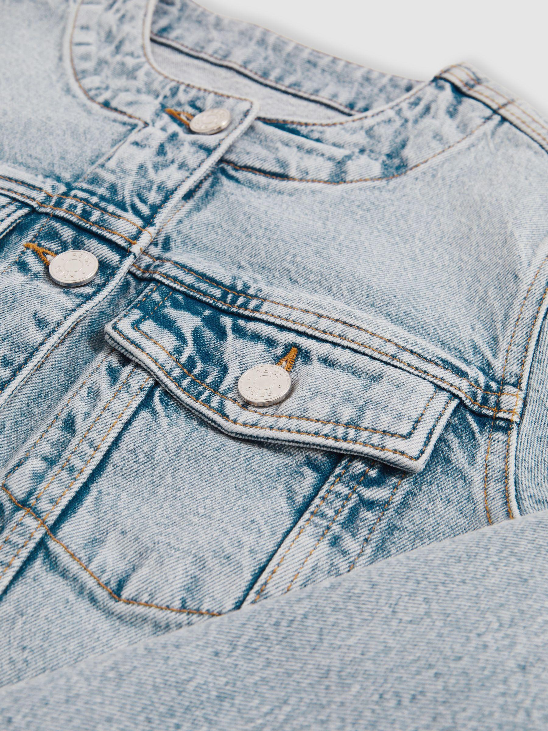 Collarless Cropped Denim Jacket in Light Blue Product Image