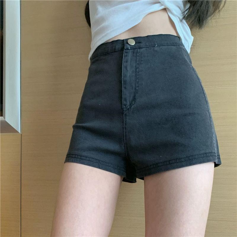 High Waist Plain Denim Shorts Product Image