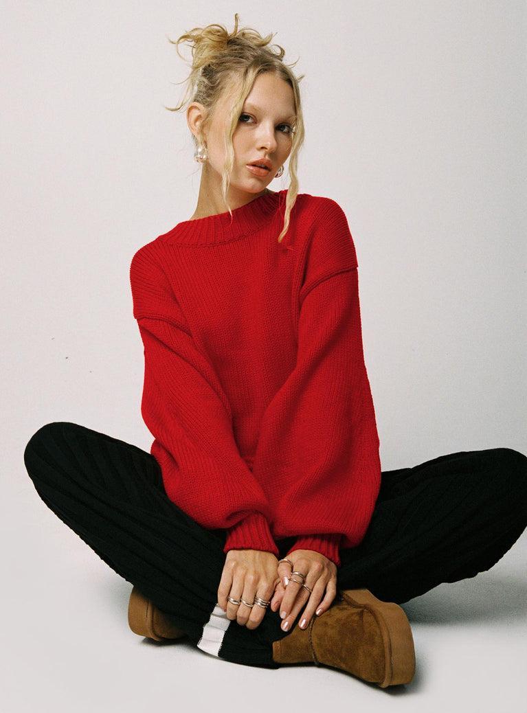 Harmony Balloon Sleeve Knit Sweater Red Product Image