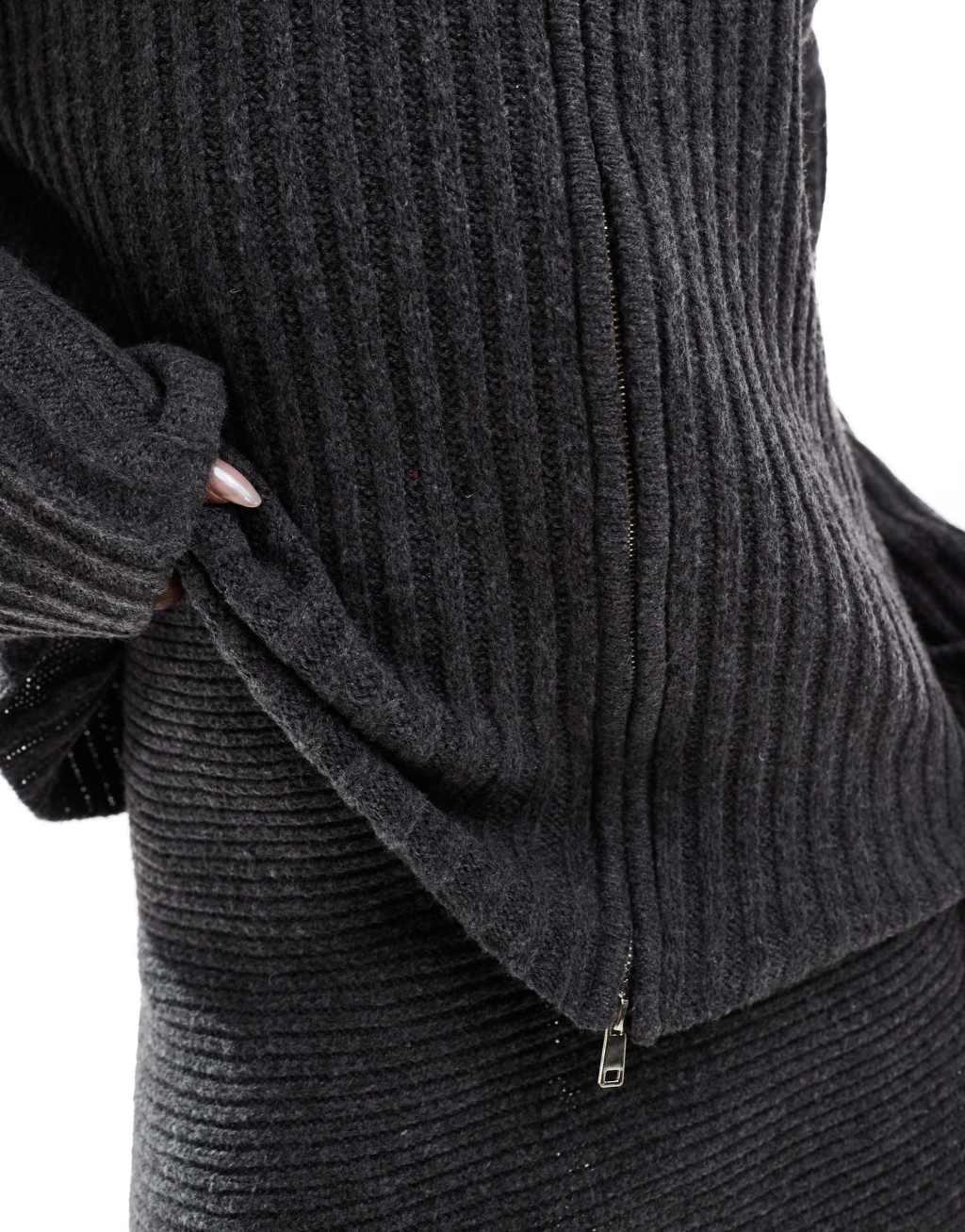 Kaiia zip through ribbed knit sweater in charcoal - part of a set Product Image