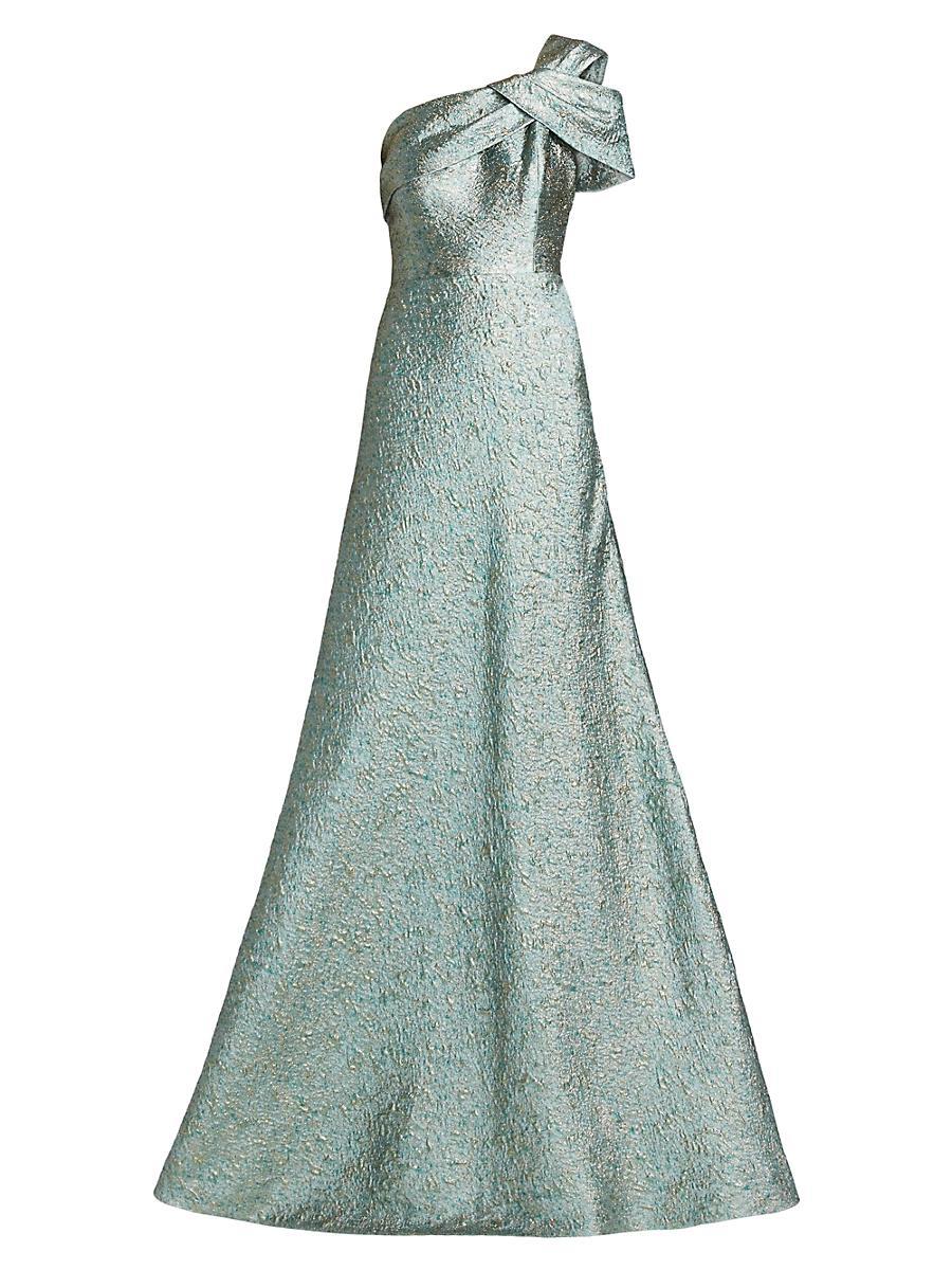 Womens Metallic Jacquard One-Shoulder Gown Product Image