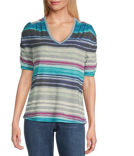 Westbound Aquatic Stripe Ruched Short Sleeve V-Neck Top Product Image