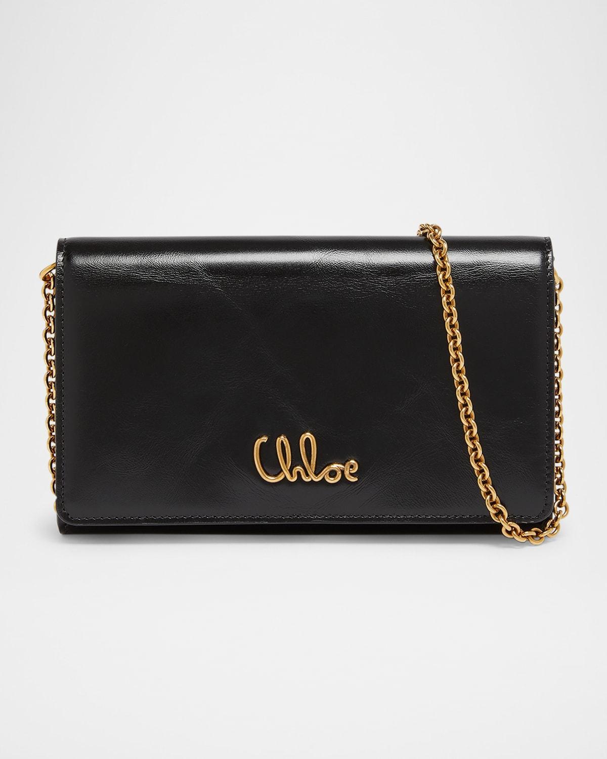 CHLOÉ Iconic Flap Wallet On Chain In Shiny Calfskin In Black Product Image