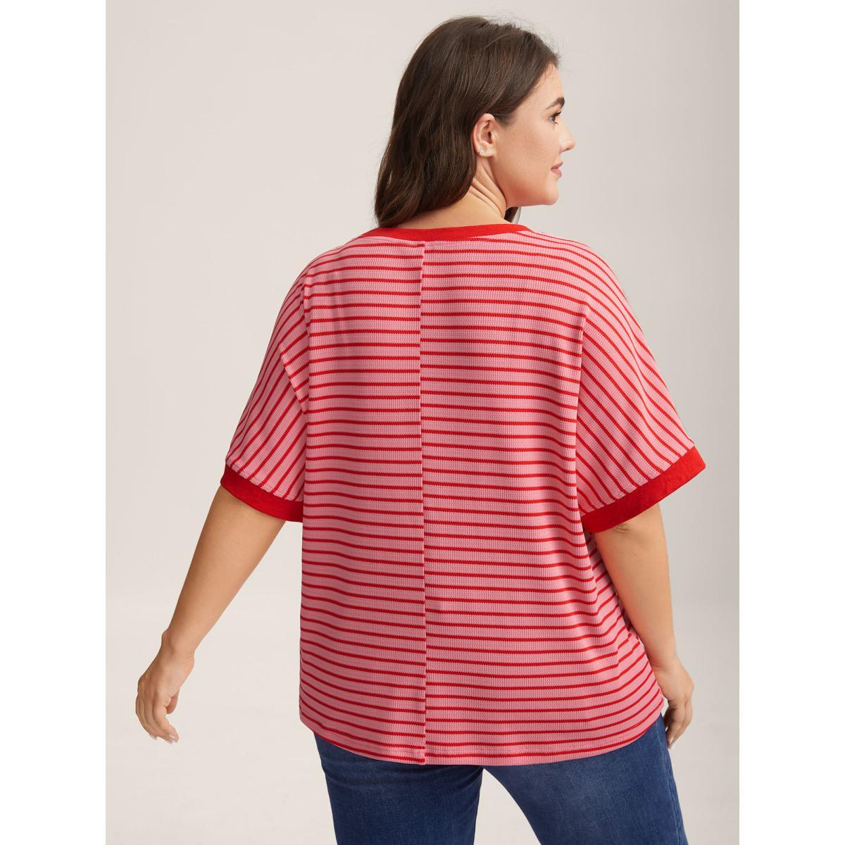 Plus Size Romantic Stripes Contrast T-Shirt Blush Women Playful Gathered Round Neck Loose Casual T-shirts BloomChic 10/M Product Image