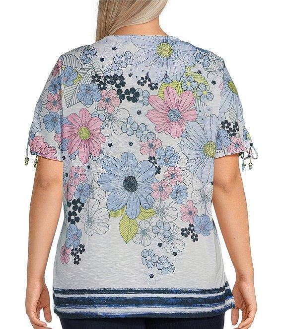 Allison Daley Plus Size Daisy Cascade Border Print Short Ruched Tie Sleeve Crew Neck Knit Top Product Image