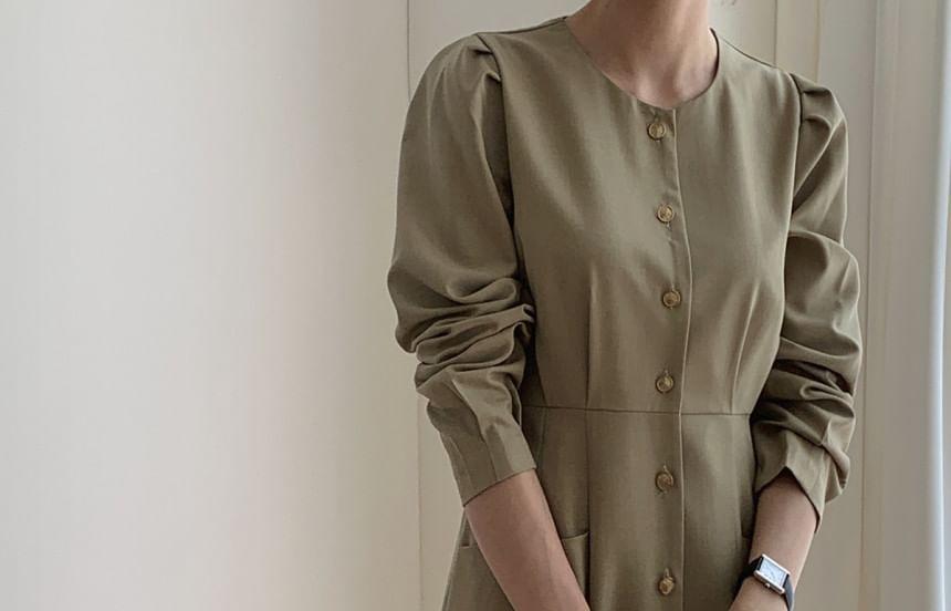 Long-Sleeve Button-Up Plain Midi A-Line Dress Product Image