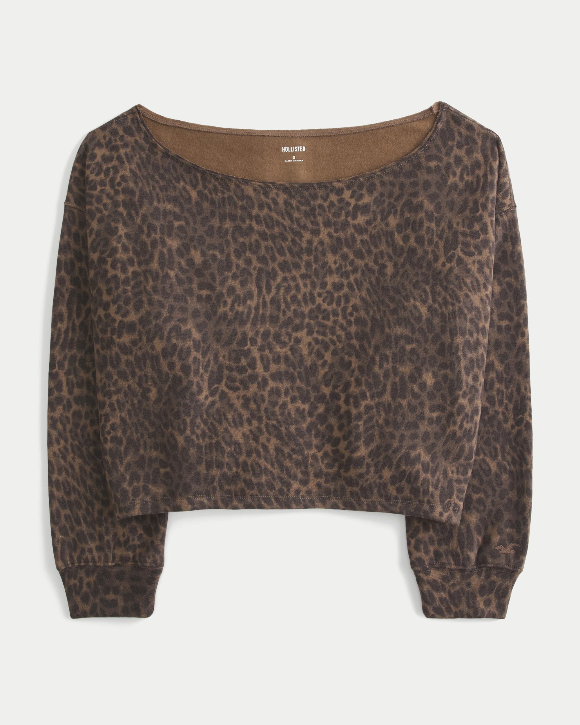 Easy Double Off-the-Shoulder Leopard Print Sweatshirt Product Image