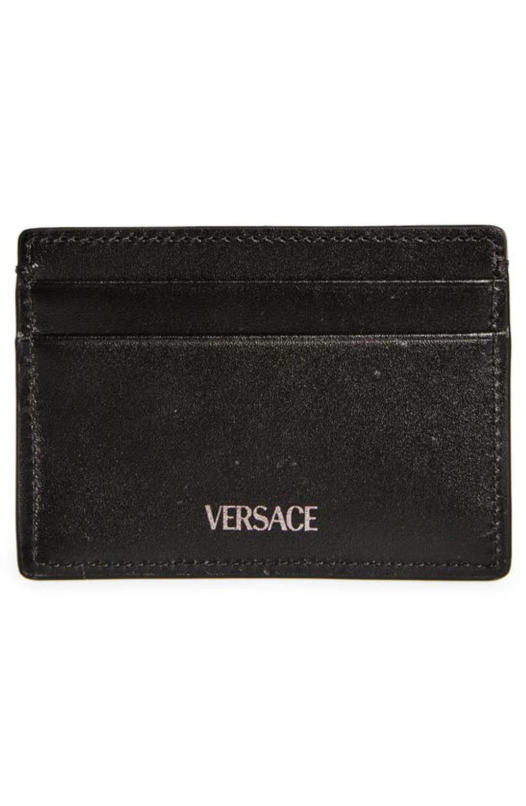 VERSACE Floral Jacquard & Leather Card Case In Black Black Ruthenium Product Image