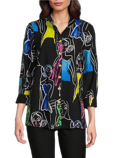 Ali Miles Printed Faces Wire Collar 3/4 Sleeve Button-Front Tunic Product Image