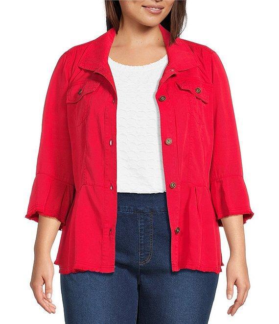 Multiples Plus Size Solid Lyocell Point Collar 3/4 Flounce Sleeve Button Front Peplum Jacket Product Image