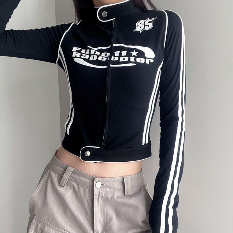 Long-Sleeve Mock Neck Lettering Zip-Up Crop Top Product Image