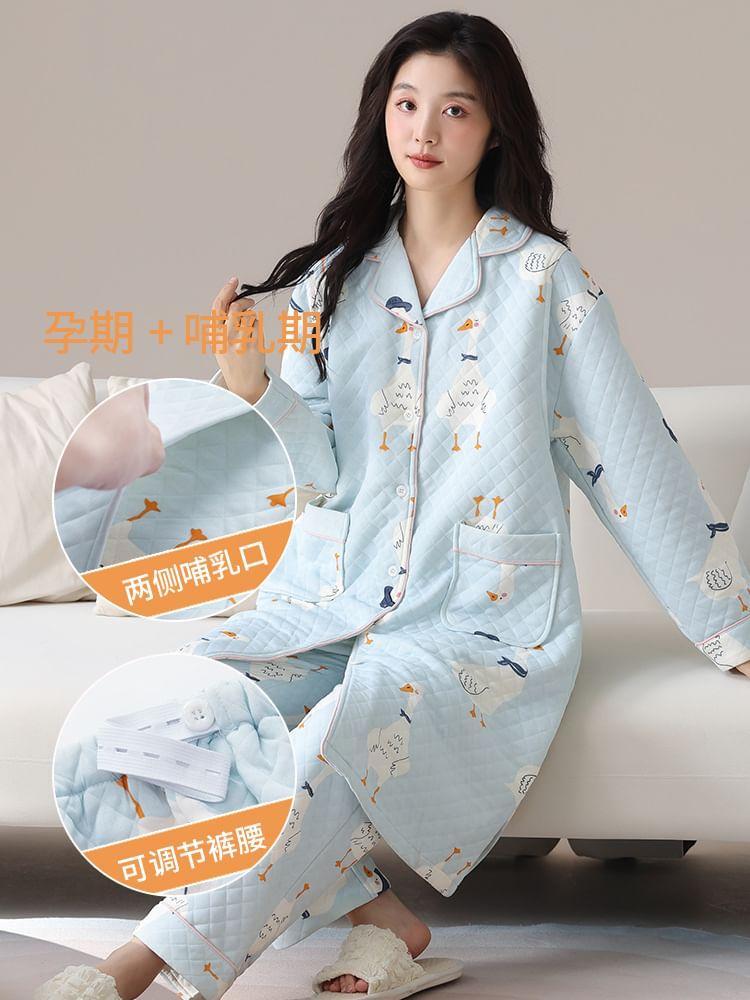 Maternity Pajama Set: Lapel Collar Duck Print Button-Up Robe + Pants Product Image