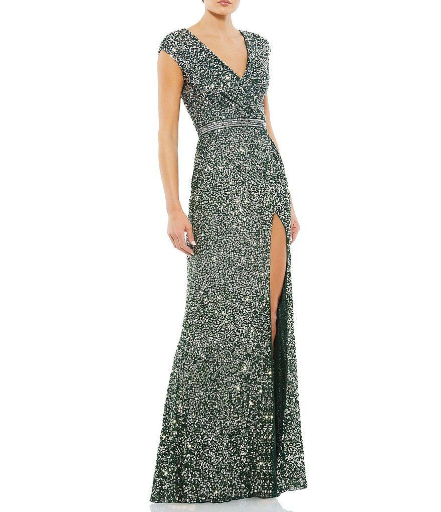 Mac Duggal Sequin V-Neck Thigh High Slit Sleeveless Sheath Gown Product Image