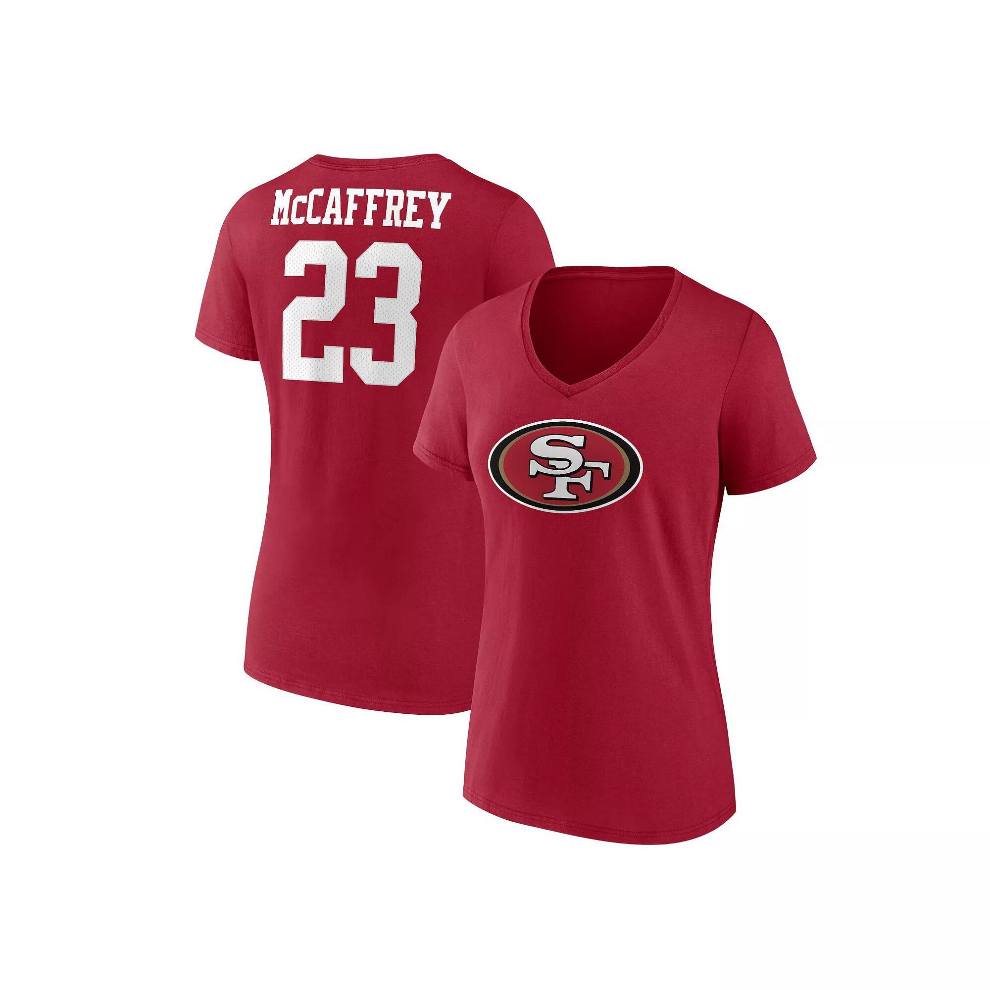 Women's Fanatics Branded Christian McCaffrey Scarlet San Francisco 49ers Player Icon Name & Number V-Neck T-Shirt,  Product Image