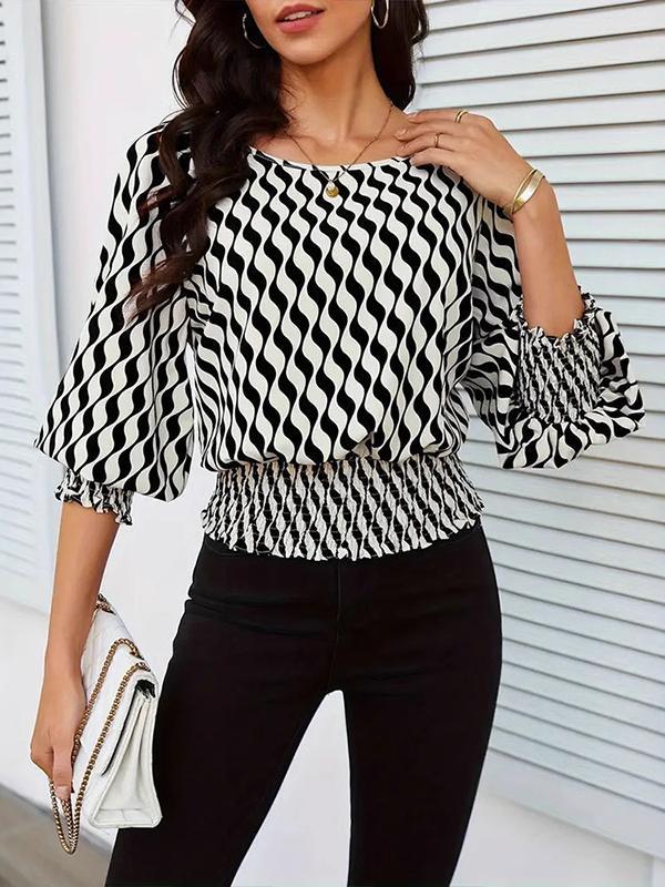 Loose Puff Sleeves Elasticity Printed Split-Joint Round-Neck Blouses&Shirts Tops Product Image