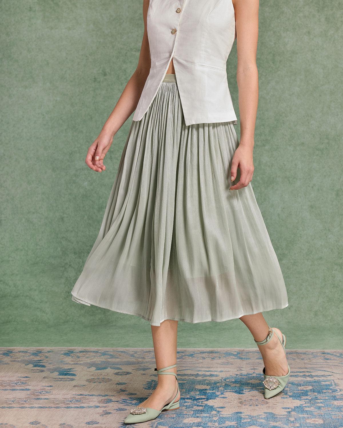 Green Flowy Pleated Midi Skirt Product Image