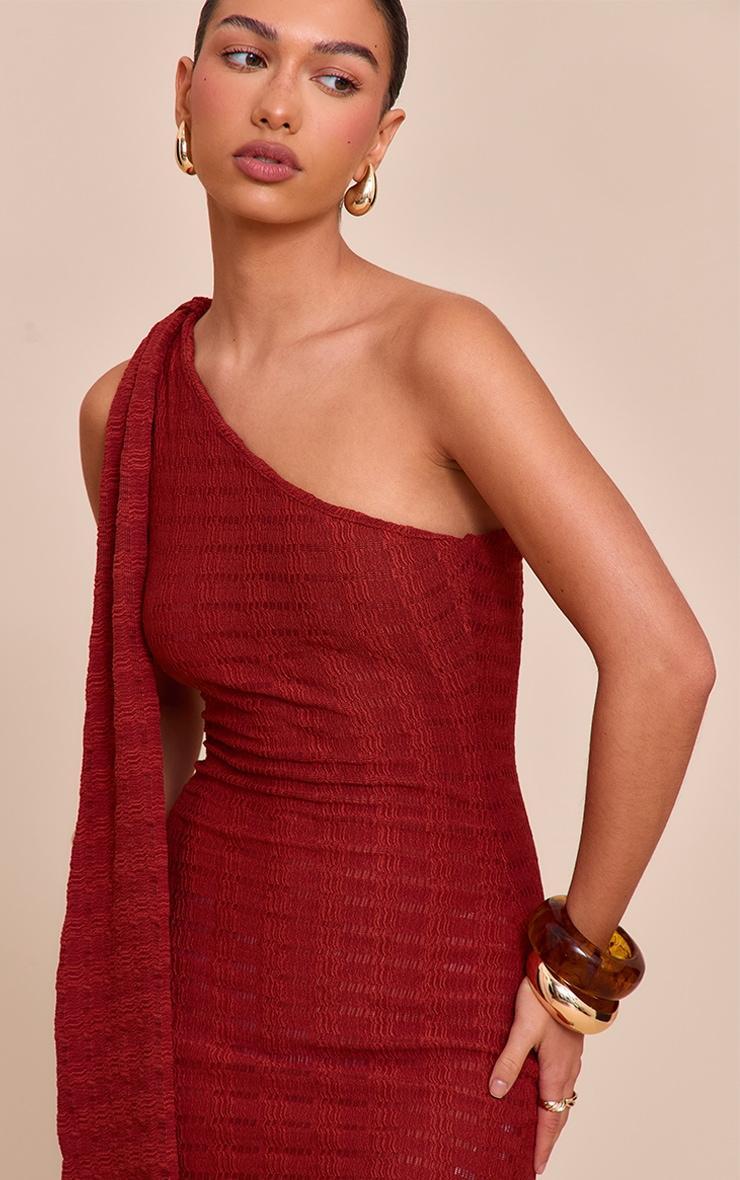Rust Textured One Shoulder Drape Detail Bodycon Dress Product Image