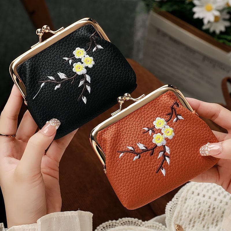 Floral Embroidered Faux Leather Coin Purse Product Image