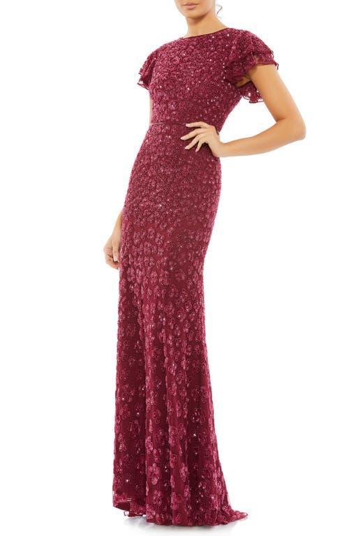 Mac Duggal Beaded Short Flutter Sleeve Crew Neck Sheath Gown Product Image