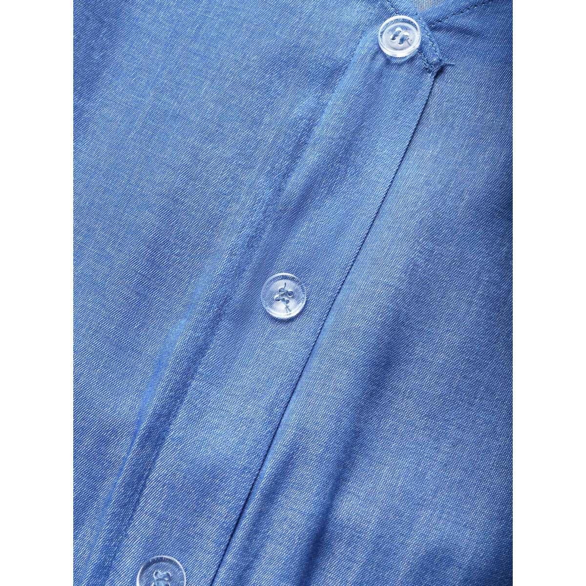 Plus Size Plain Button Detail Layered Hem Ruffle Cap Sleeve Dress Blue Women Casual Non V-neck Cap Sleeve Curvy Midi Dress BloomChic 28/5X Product Image