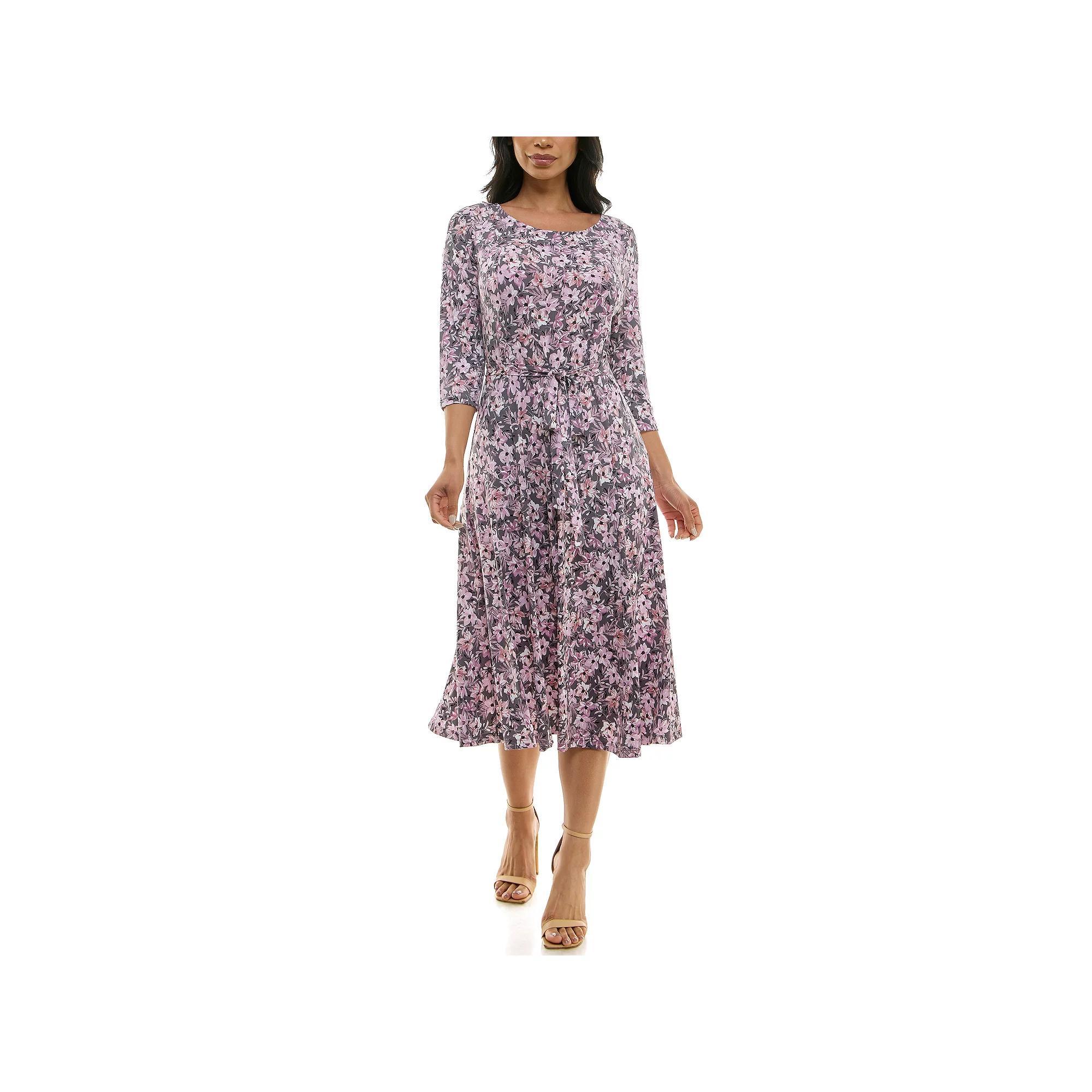 Women's Nina Leonard Belted 3/4 Sleeve Print Midi Dress, Size: Large, Gray Team Product Image