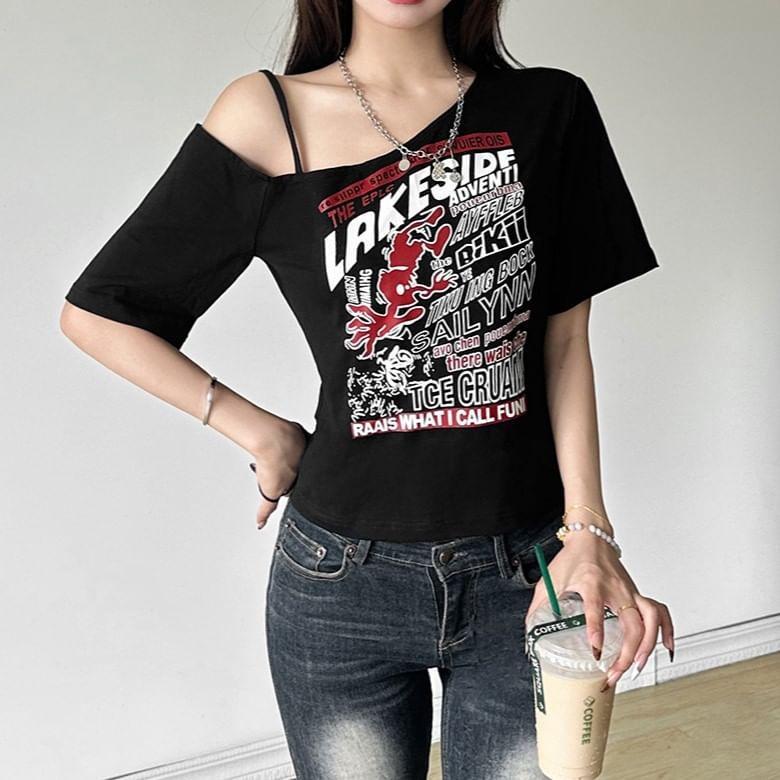 Short Sleeve Off-Shoulder Graphic Print Crop Tee Product Image