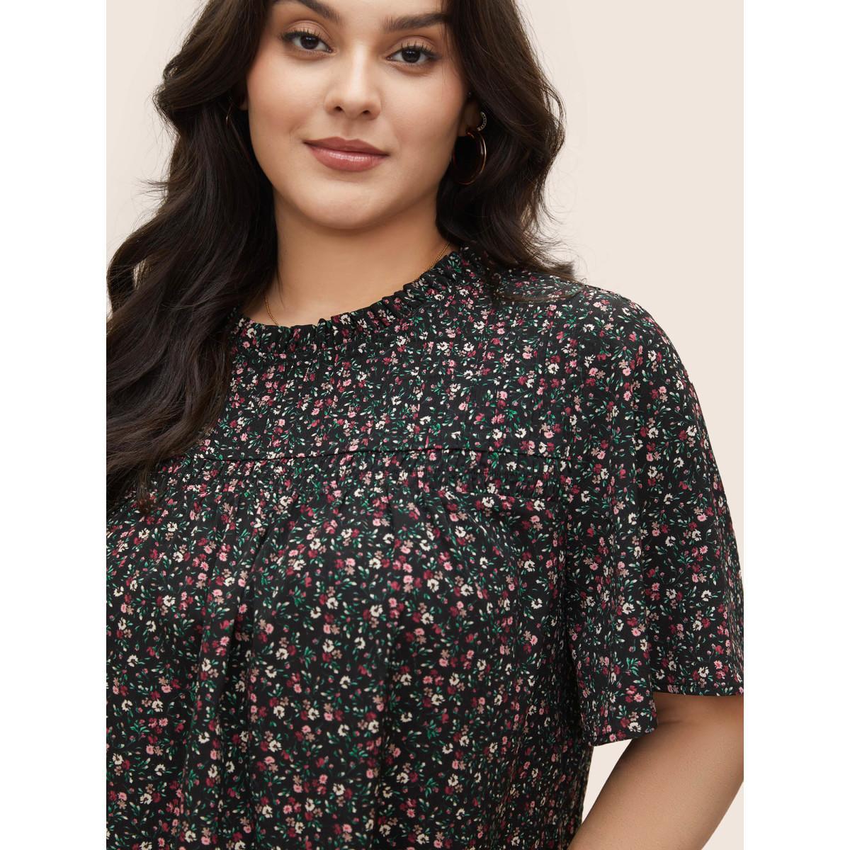 Plus Size Black Ditsy Floral Plicated Detail Frill Trim Blouse Women Timeless Short sleeve Round Neck Elegant Blouses BloomChic 30/6X Product Image